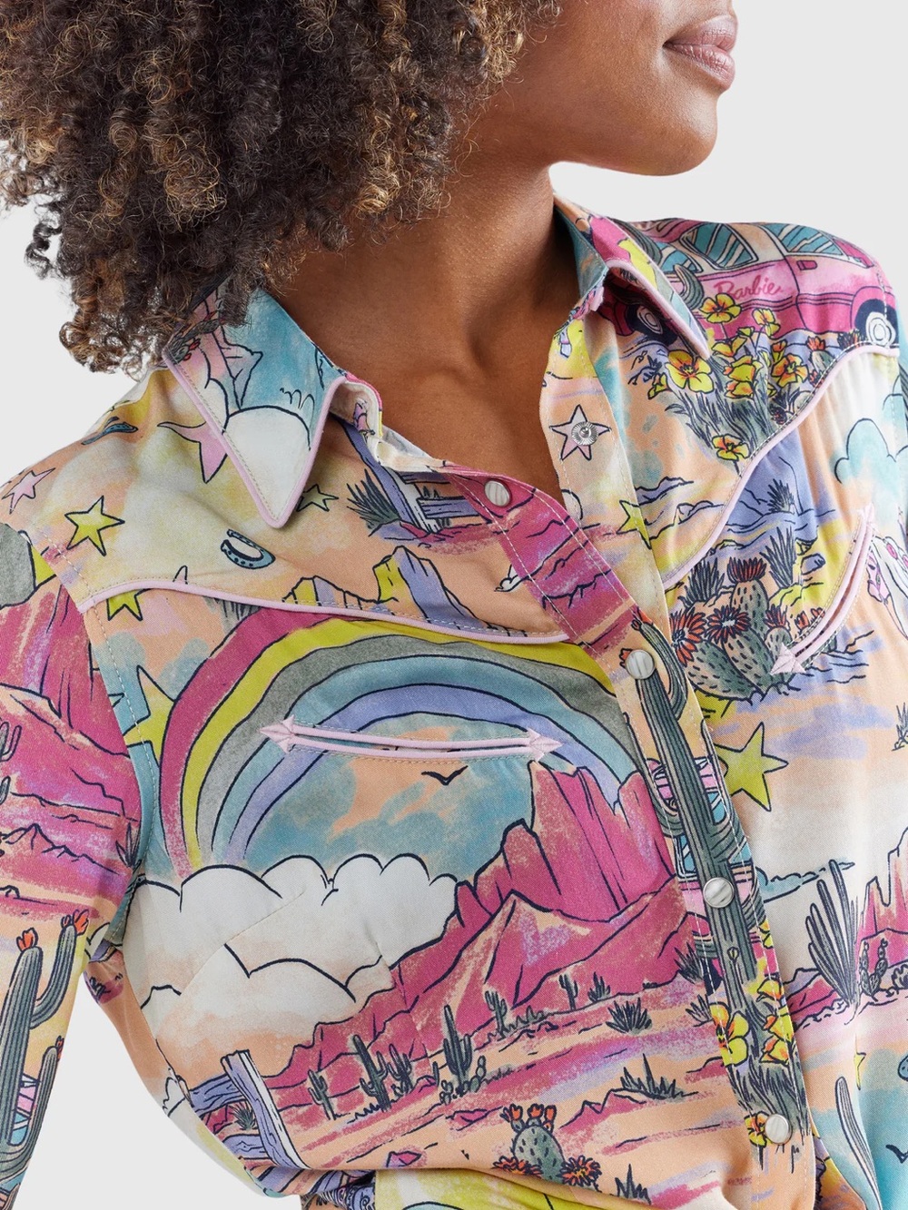 Wrangler x Barbie Illustrated Western Rainbow Button-Down Snap Shirt 🤠🌈🩷 Medium - Picture 2 of 8